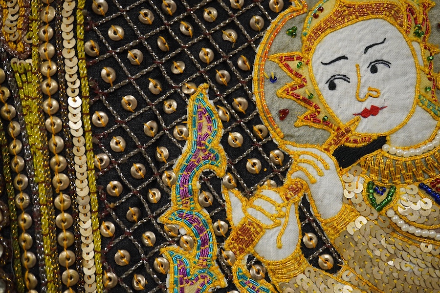 A Kalaga, Burmese tapestry embroidered with gold threads and sequins, 94cm high. Condition - good